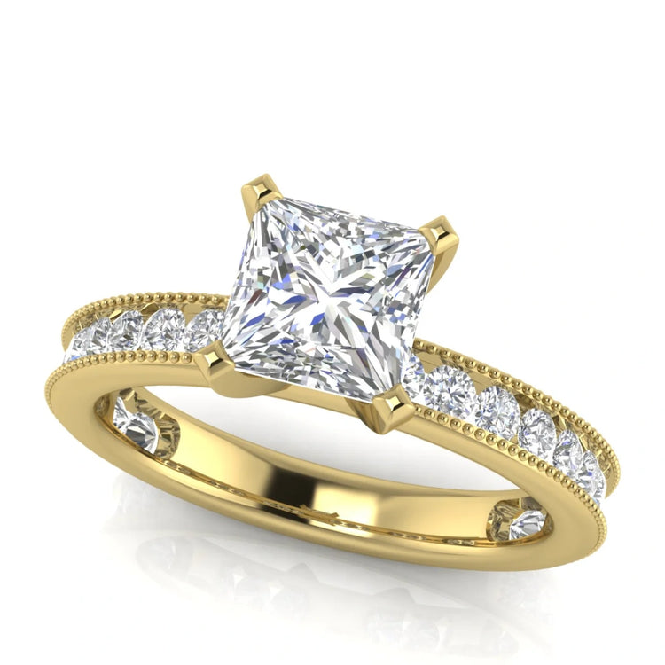 Channel Set Milgrain Princess Cut Lab Diamond Engagement Ring