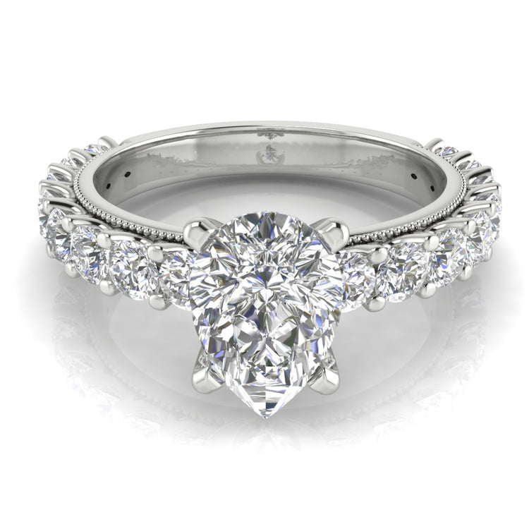 Round Pave Milgrain Pear Shaped  Engagement Ring | Moissanite | Lab Grown Diamond