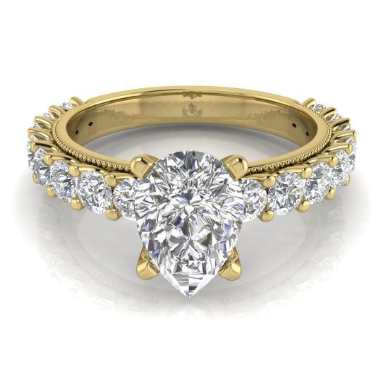 Round Pave Milgrain Pear Shaped Lab Diamond Engagement Ring