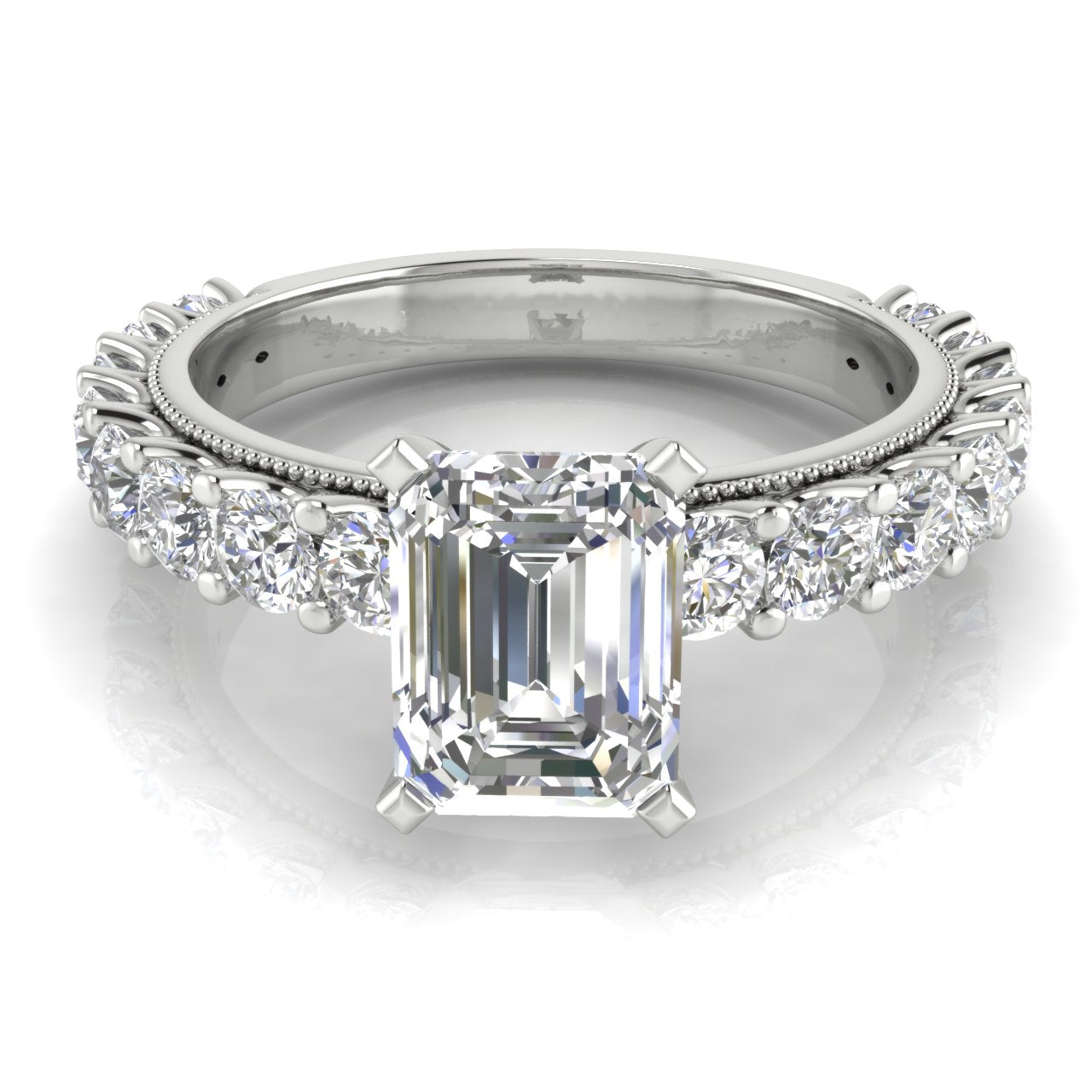 Round Pave Milgrain Emerald Cut Lab Diamond Engagement Ring