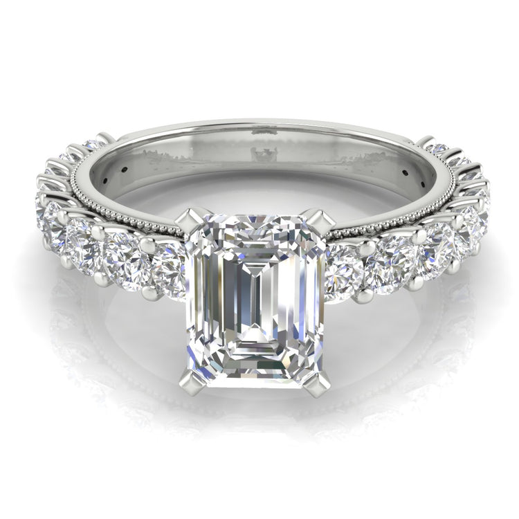 Round Pave Milgrain Emerald Cut  Engagement Ring | Moissanite | Lab Grown Diamond