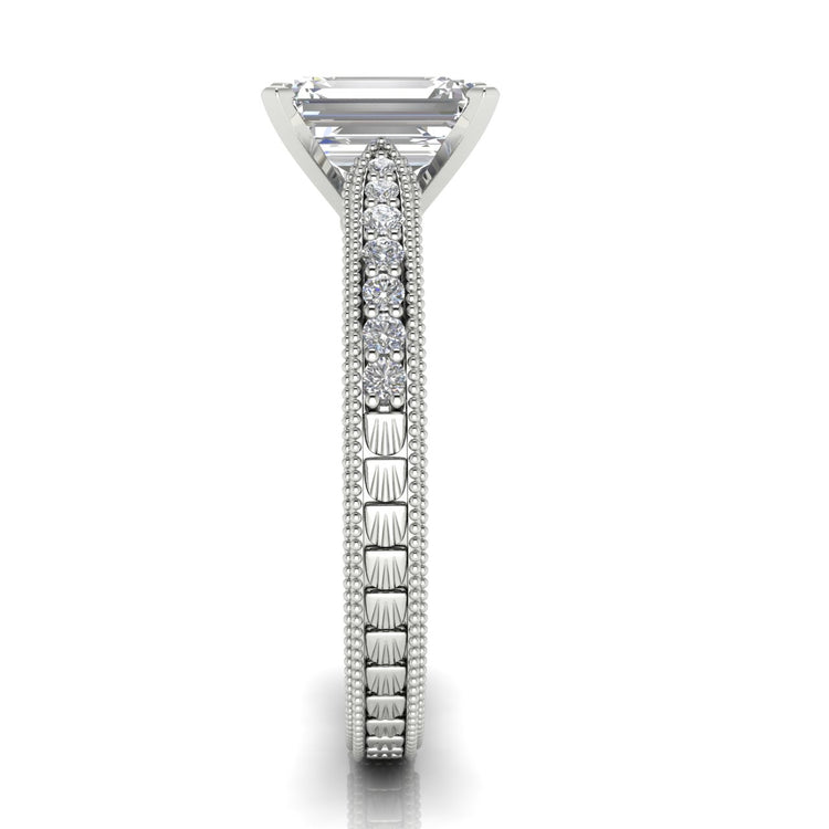 Tapered Vintage Inspired Emerald Cut Moissanite Engagement Ring