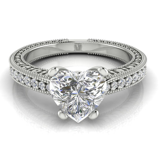 Tapered Vintage Inspired Heart Shaped Engagement Ring | Moissanite | Lab Grown Diamond