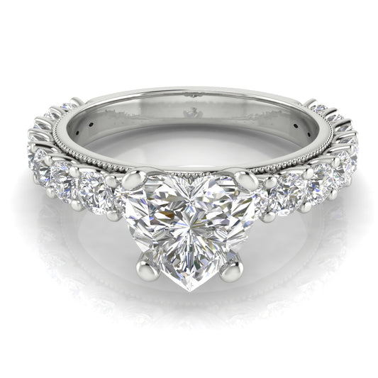 Round Pave Milgrain Heart Shaped Engagement Ring | Moissanite | Lab Grown Diamond