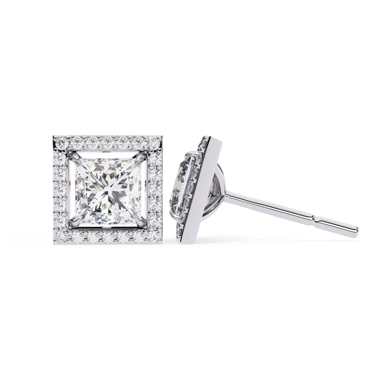 Radiant Princess Cut Lab Diamond Halo Studs Earring