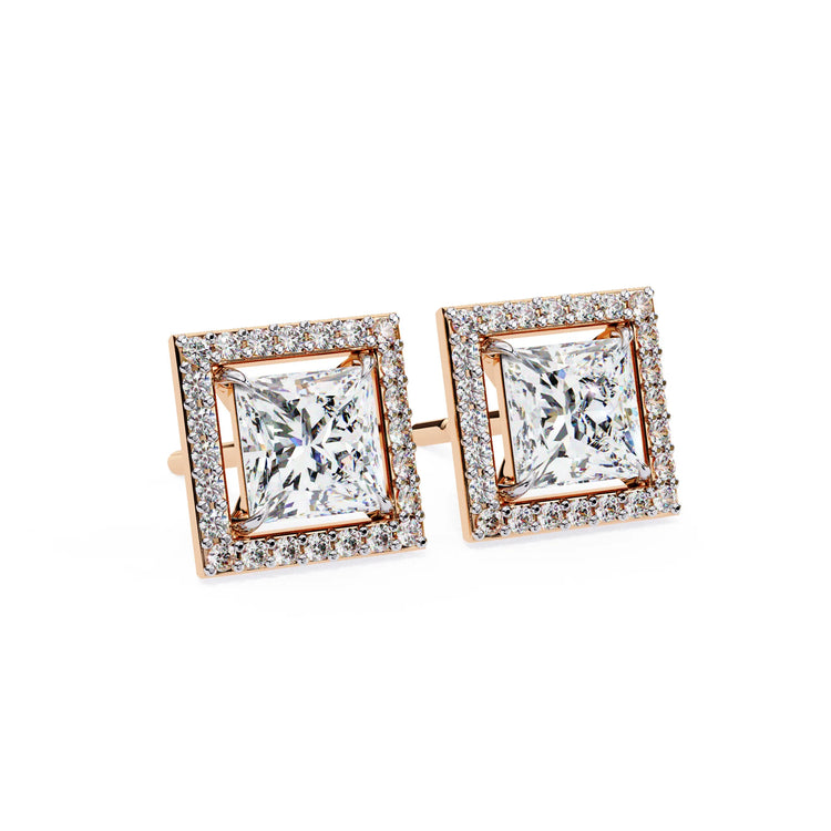 Radiant Princess Cut Lab Diamond Halo Studs Earring