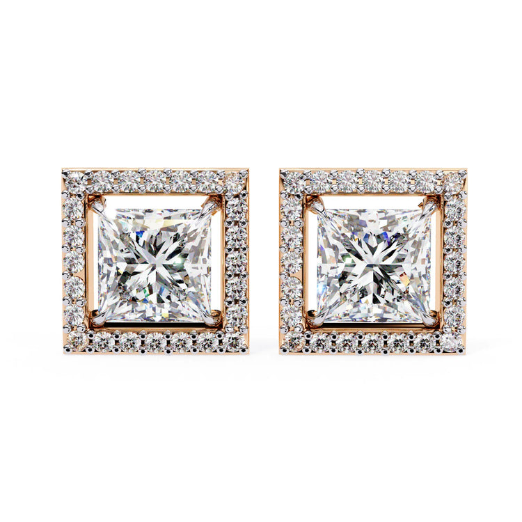 Radiant Princess Cut Lab Diamond Halo Studs Earring