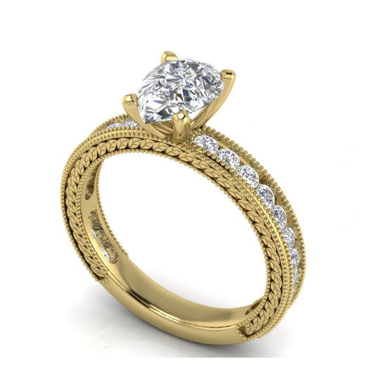 Nature Milgrain Pear Shaped Lab Diamond Engagement Ring