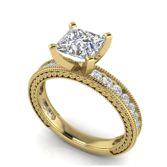 Nature Milgrain Princess Cut Lab Diamond Engagement Ring