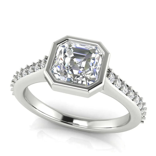 Pave Bezel Set Emerald Cut Lab Diamond Engagement Ring