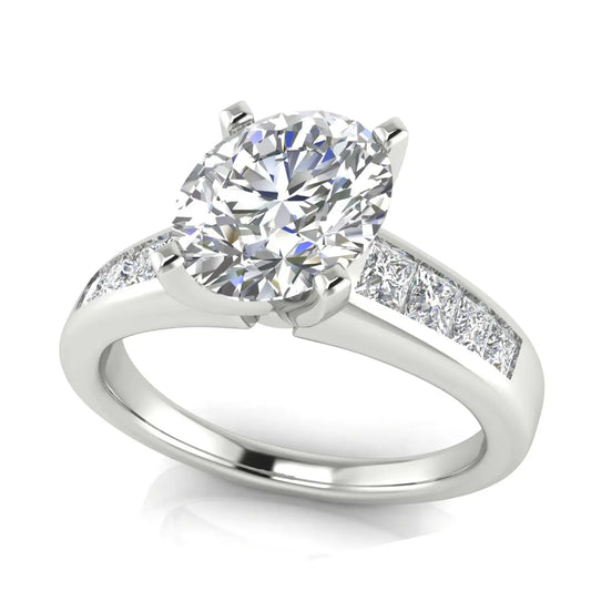 Princess Channel Set Round Cut Lab Diamond Engagement Ring