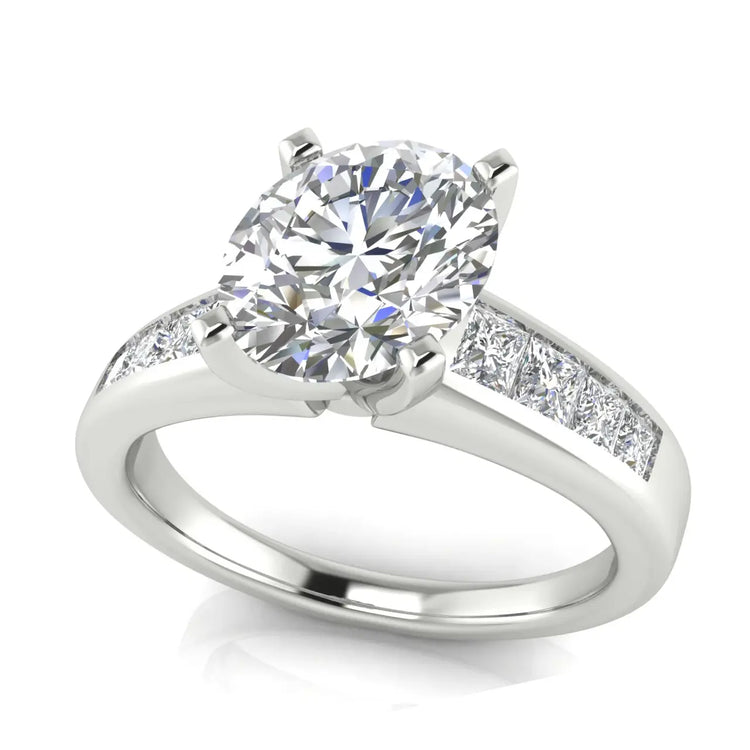 Princess Channel Set Round Cut Lab Diamond Engagement Ring