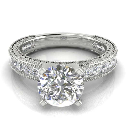 Nature Milgrain Round Cut Engagement Ring | Moissanite | Lab Grown Diamond
