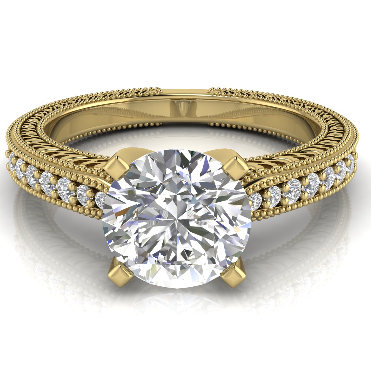 Tapered Vintage Inspired Round Cut Moissanite Engagement Ring