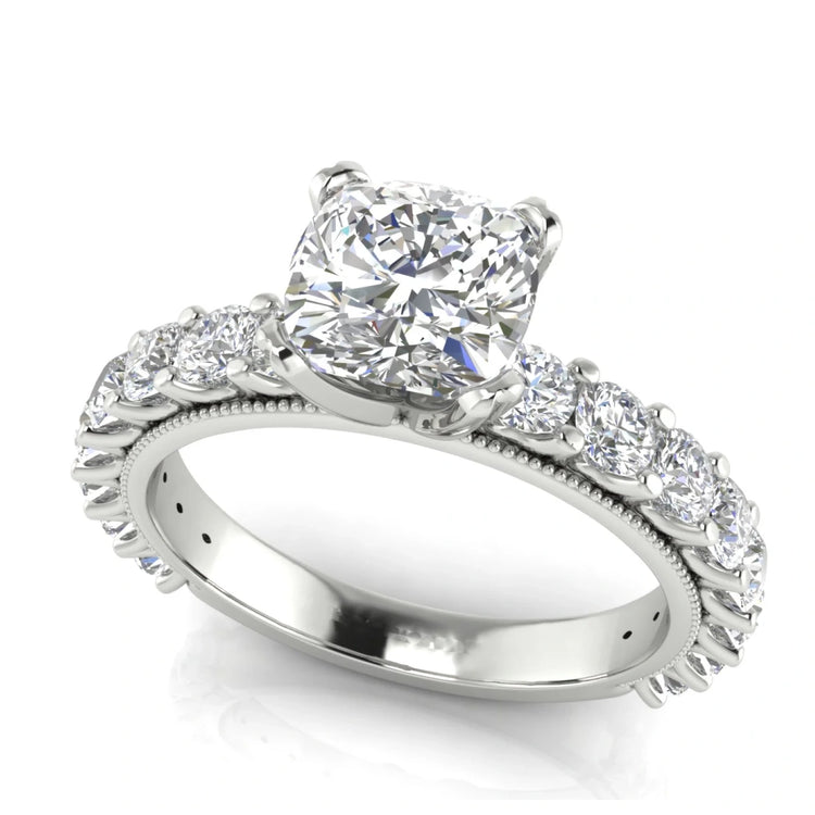 Round Pave Milgrain Cushion Cut Lab Diamond Engagement Ring