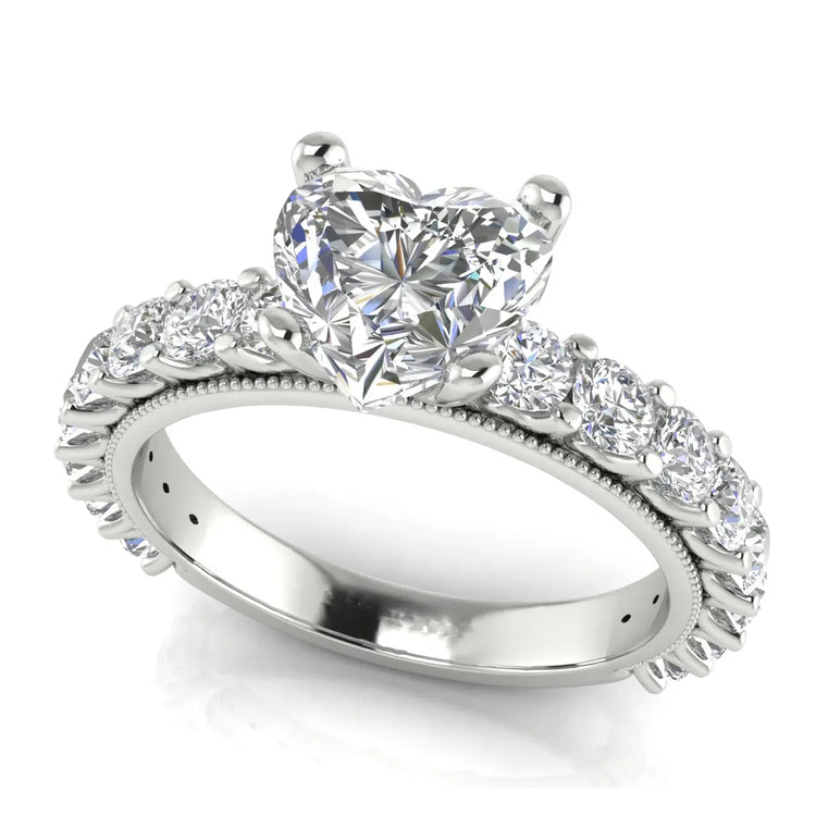 Round Pave Milgrain Heart Shaped Lab Diamond Engagement Ring