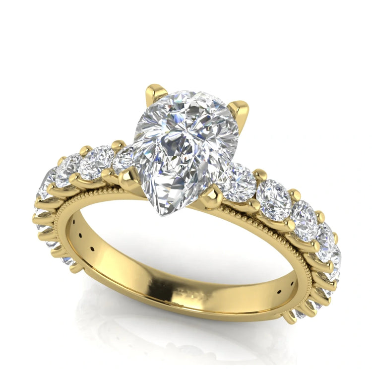 Round Pave Milgrain Pear Shaped Lab Diamond Engagement Ring