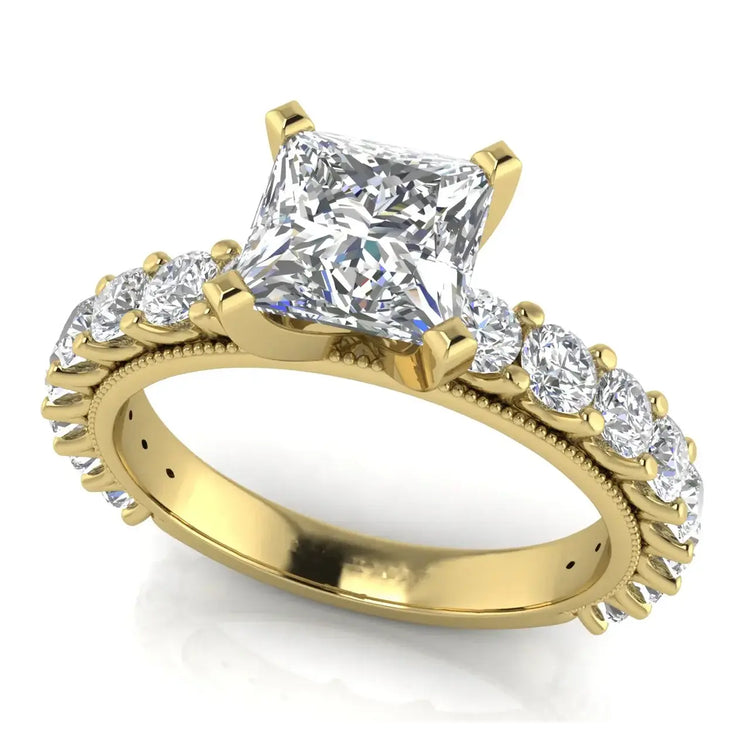 Round Pave Milgrain Princess Cut Lab Diamond Engagement Ring