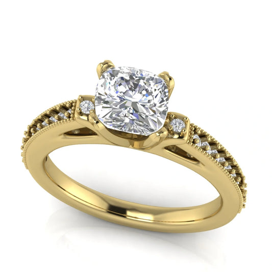 Shoulder Set Vintage Cushion Cut Lab Diamond Engagement Ring