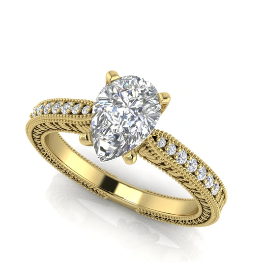Tapered Vintage Inspired Pear Shaped Lab Diamond Engagement Ring