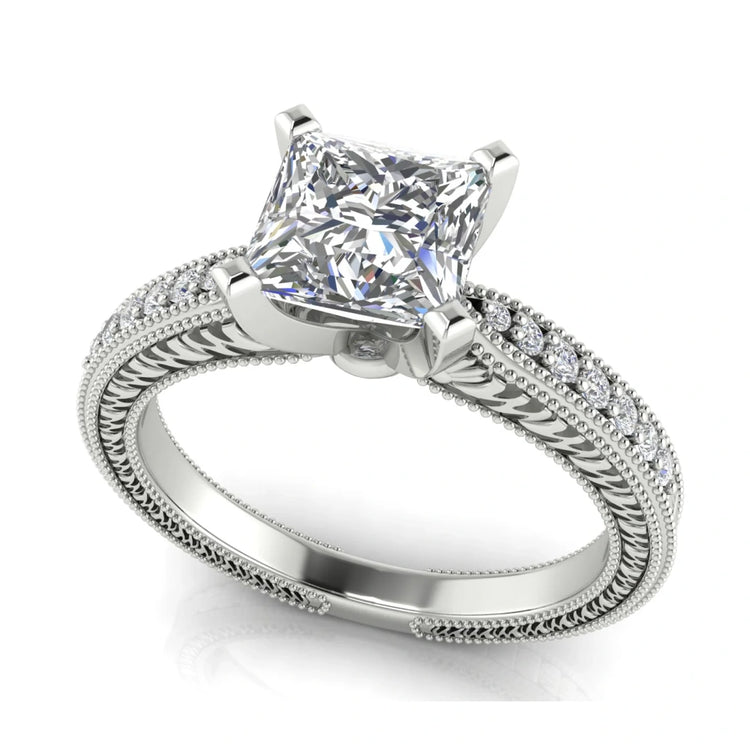 Tapered Vintage Inspired Princess Cut Lab Diamond Engagement Ring