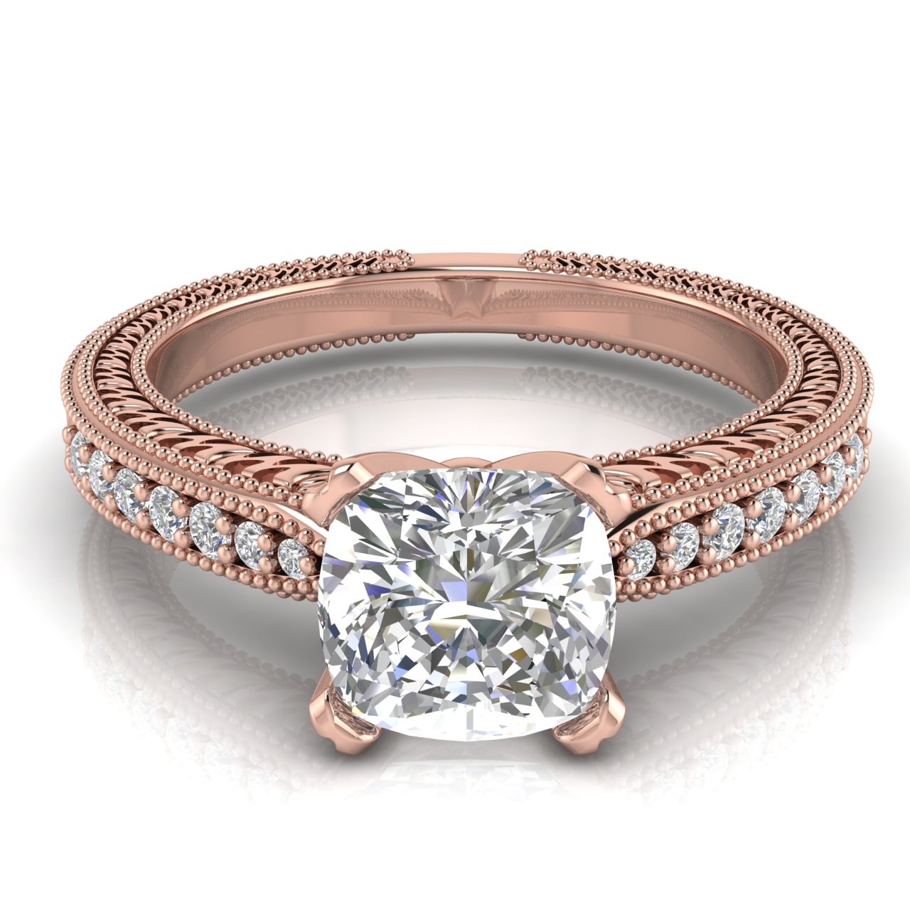 Tapered Vintage Inspired Cushion Cut Lab Diamond Engagement Ring