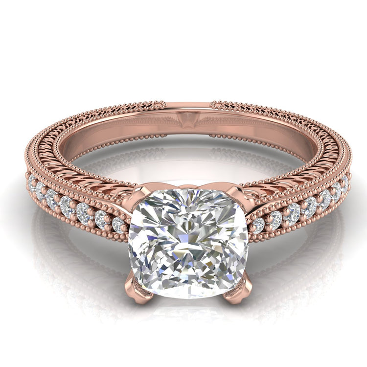 Tapered Vintage Inspired Cushion Cut Lab Diamond Engagement Ring