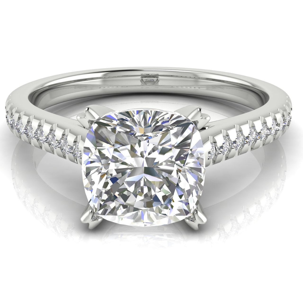 Shared Prong Pave Cushion Cut Moissanite Engagement Ring