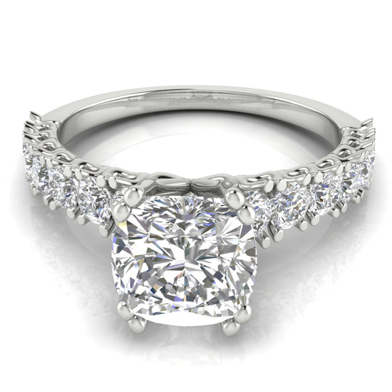 Scalloped Pave Cushion Cut Moissanite Engagement Ring