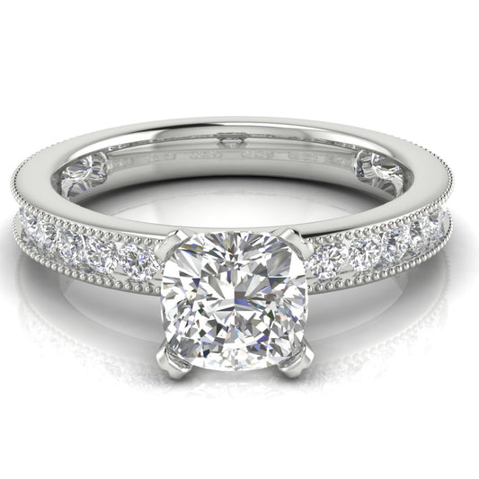 Channel Set Milgrain Cushion Cut Engagement Ring | Moissanite | Lab Grown Diamond
