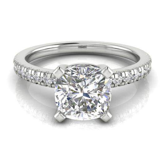 French Pave Basket Cushion Cut Engagement Ring | Moissanite | Lab Grown Diamond