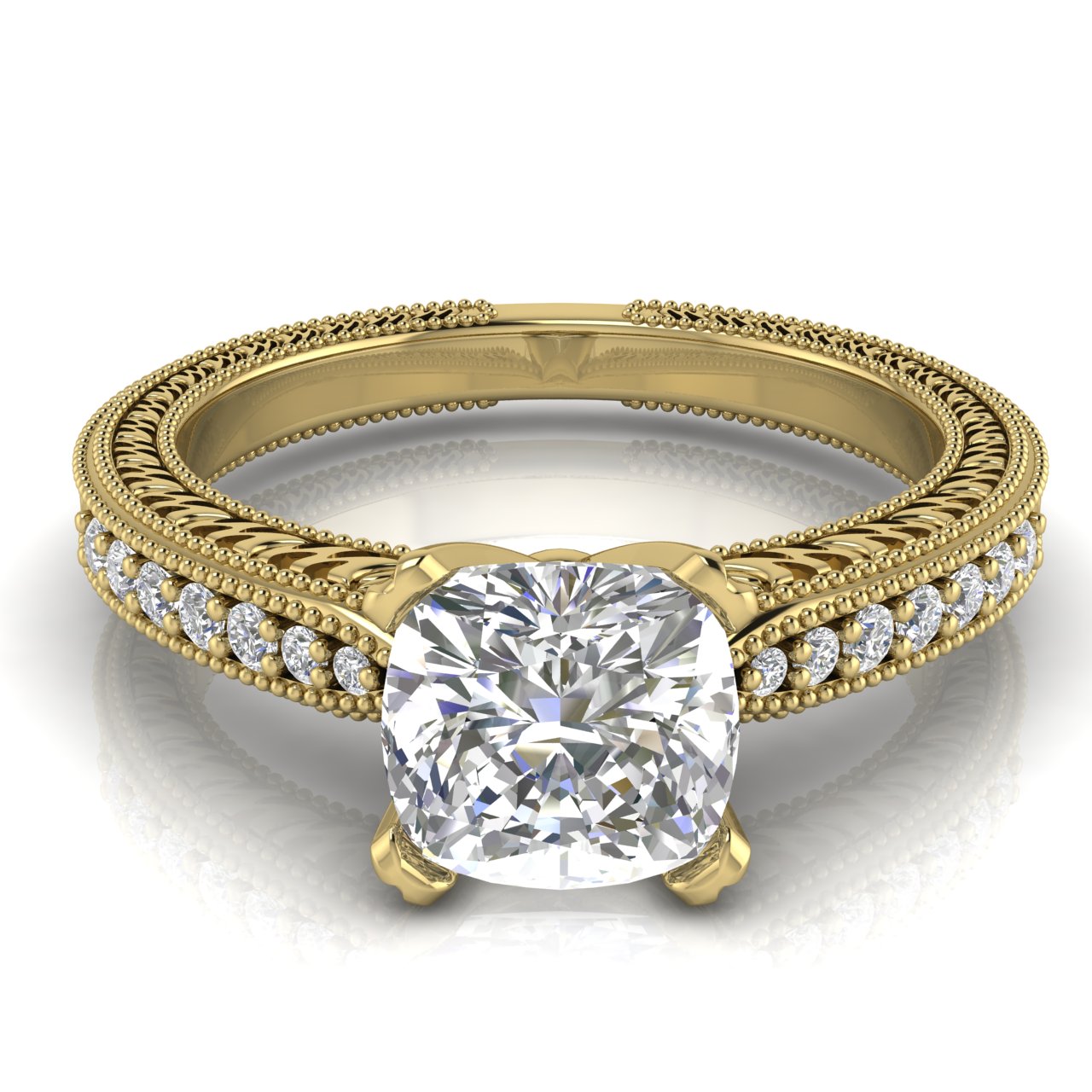 Tapered Vintage Inspired Cushion Cut Lab Diamond Engagement Ring