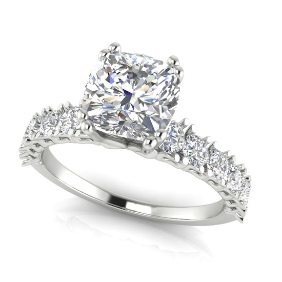Scalloped Pave Cushion Cut Moissanite Engagement Ring