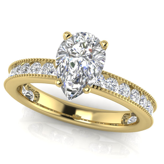 Channel Set Milgrain Pear Shaped Lab Diamond Engagement Ring