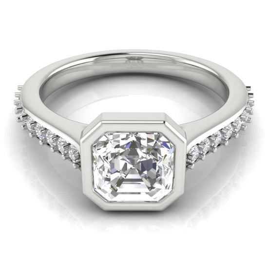 Pave Bezel Set Emerald Cut Lab Diamond Engagement Ring