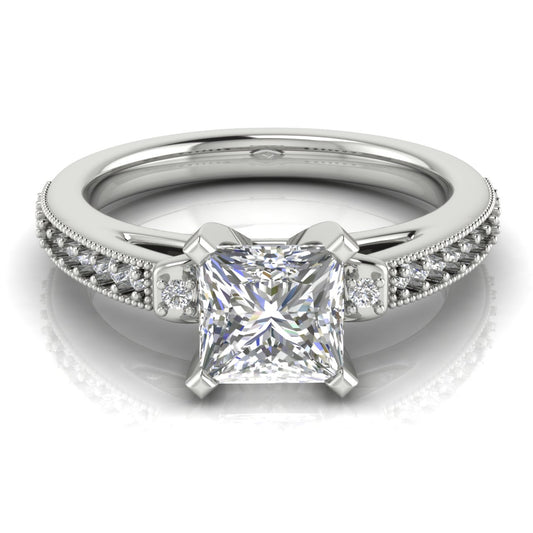 Shoulder Set Vintage Princess Cut Engagement Ring | Moissanite | Lab Grown Diamond