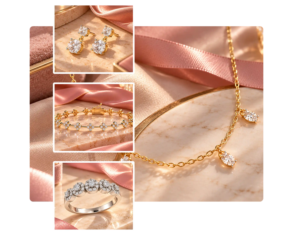 A lab grown diamond jewelry collage on a pink satin background showing a pendant necklace with three precious cuts lab diamond plus four inset close ups of matching jewelry a pair of stud earrings a yellow gold bracelet and a ring The main product appears to be the necklace with the other items likely included variants or styling insets