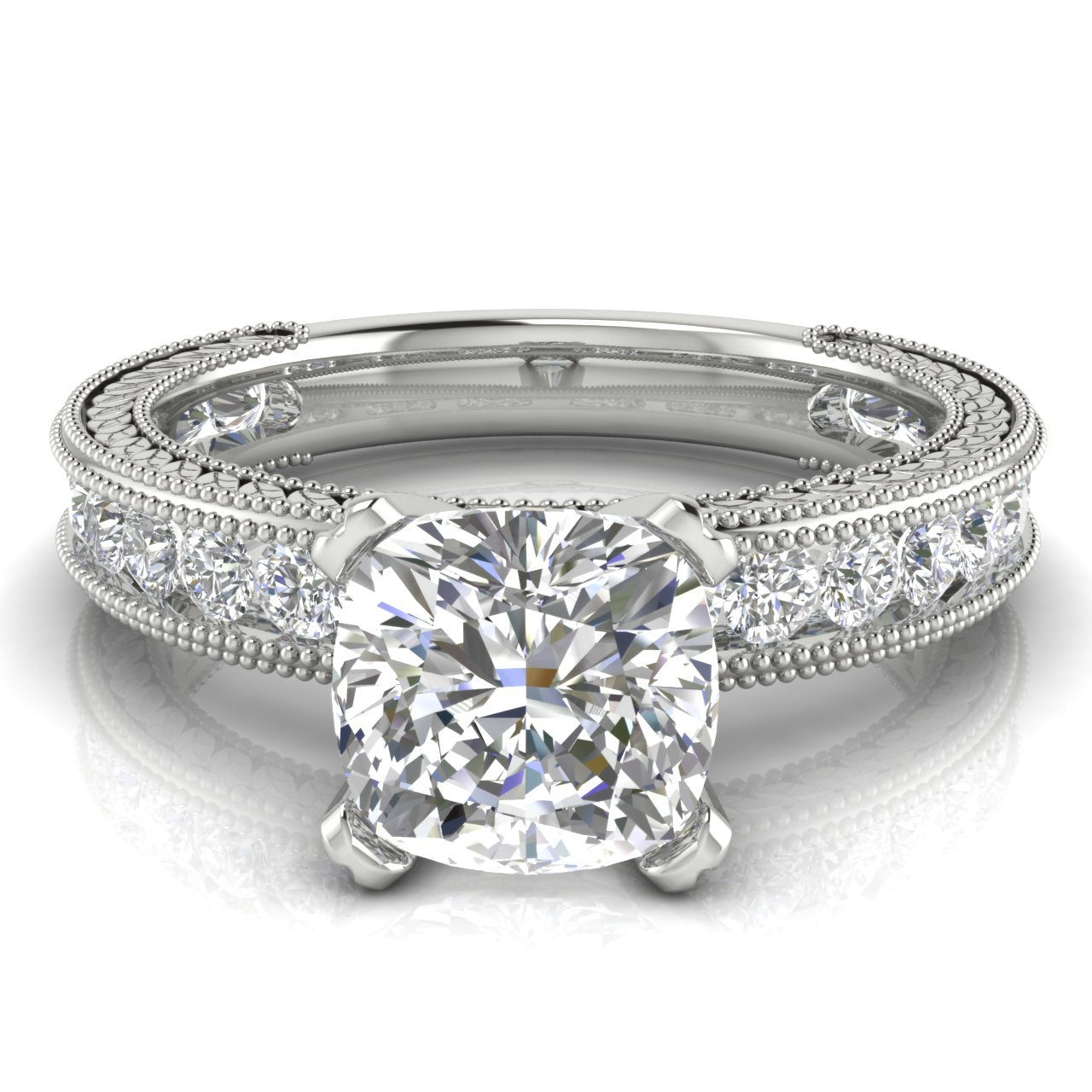 Nature Milgrain Cushion Cut Lab Diamond Engagement Ring