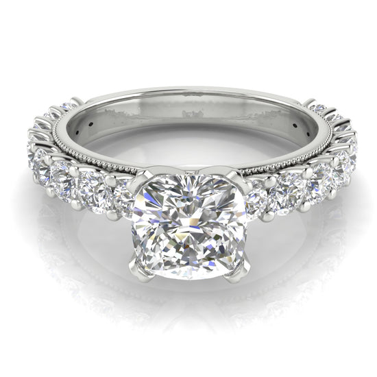 Round Pave Milgrain Cushion Cut Lab Diamond Engagement Ring