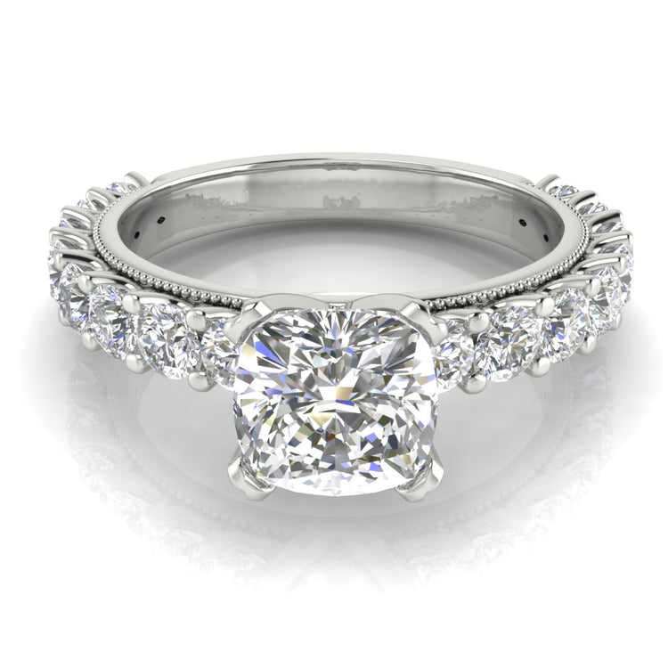 Round Pave Milgrain Cushion Cut  Engagement Ring | Moissanite | Lab Grown Diamond