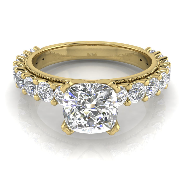 Round Pave Milgrain Cushion Cut Lab Diamond Engagement Ring