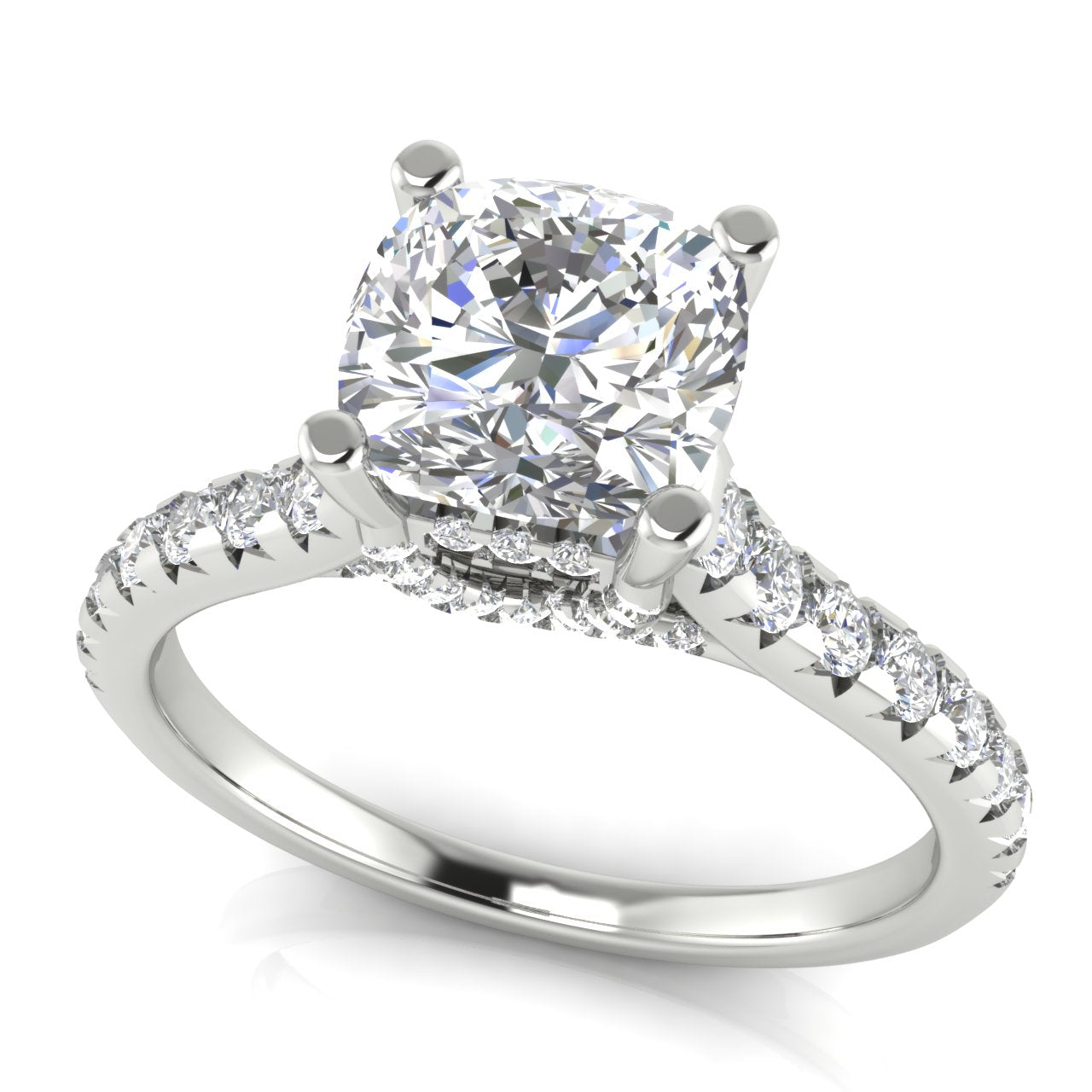 Bridge Pave Cushion Cut Lab Diamond Engagement Ring