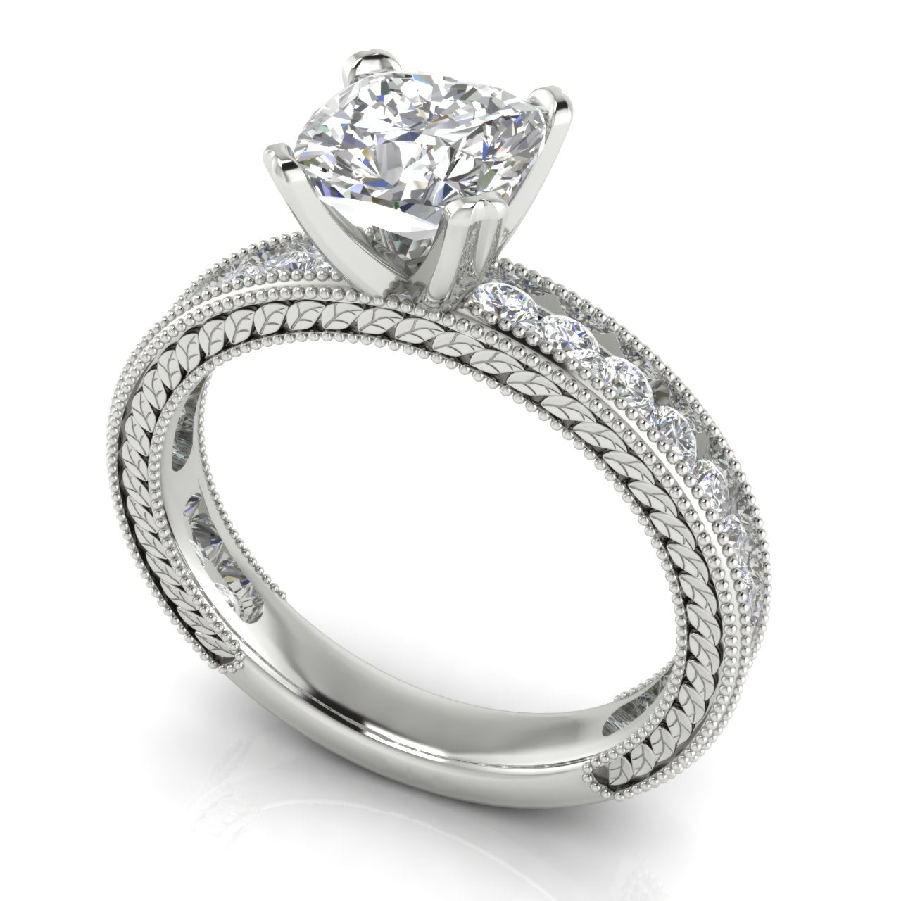 Nature Milgrain Cushion Cut Lab Diamond Engagement Ring