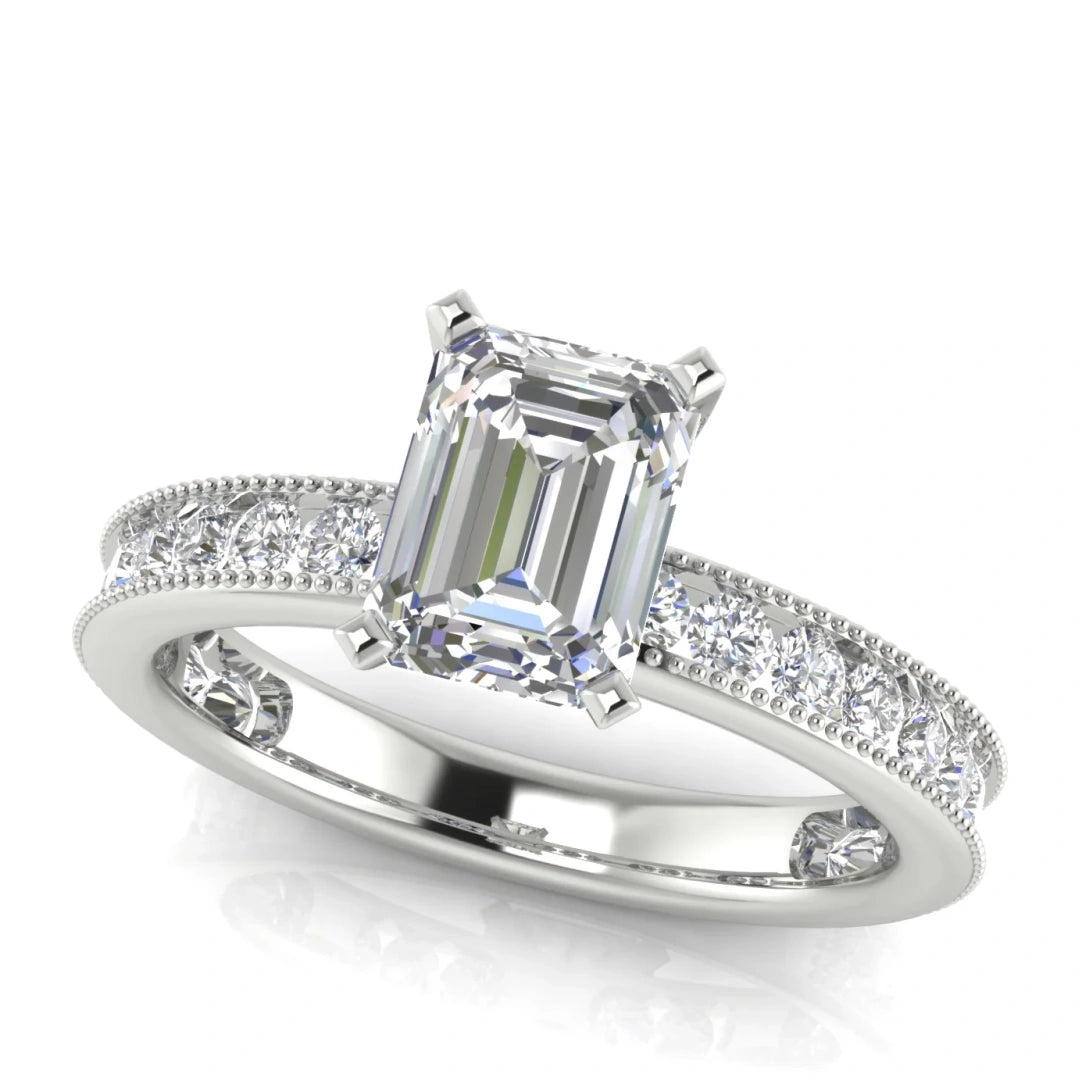 Channel Set Milgrain Emerald Cut Lab Diamond Engagement Ring