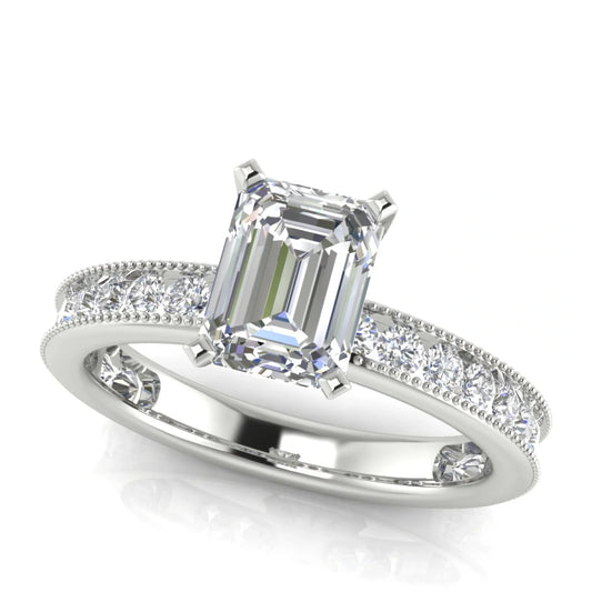 Channel Set Milgrain Emerald Cut Lab Diamond Engagement Ring