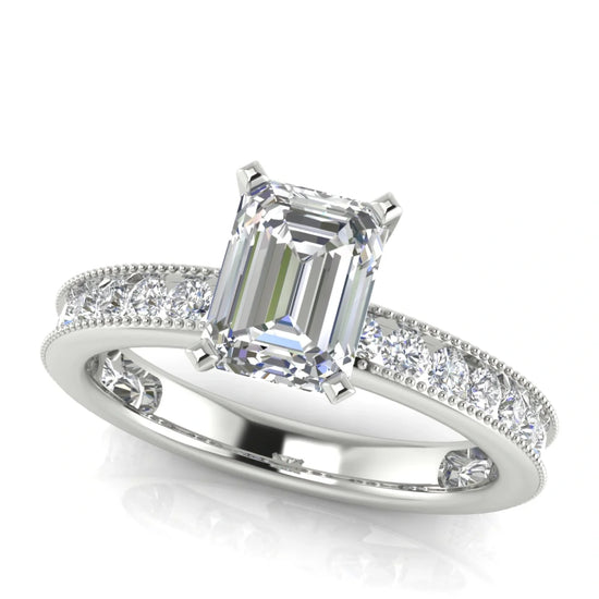 Channel Set Milgrain Emerald Cut Lab Diamond Engagement Ring
