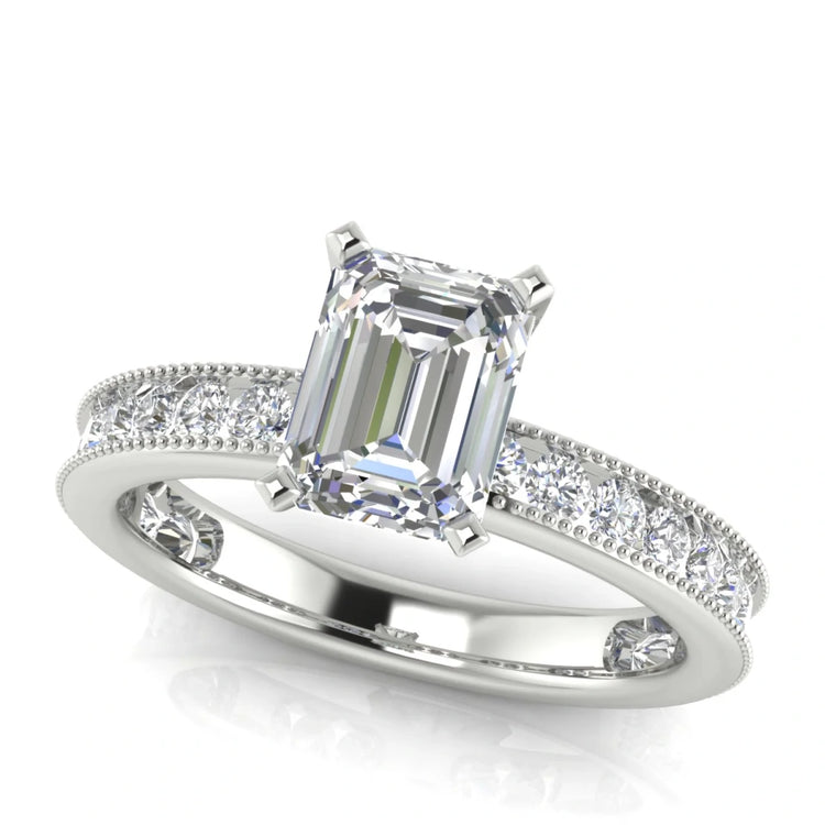Channel Set Milgrain Emerald Cut Lab Diamond Engagement Ring