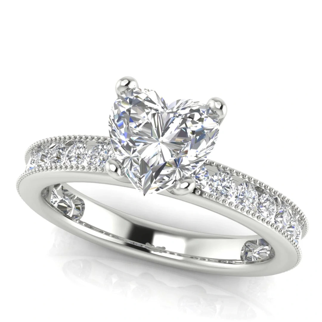 Channel Set Milgrain Heart Shaped Lab Diamond Engagement Ring
