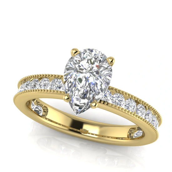 Channel Set Milgrain Pear Shaped Lab Diamond Engagement Ring