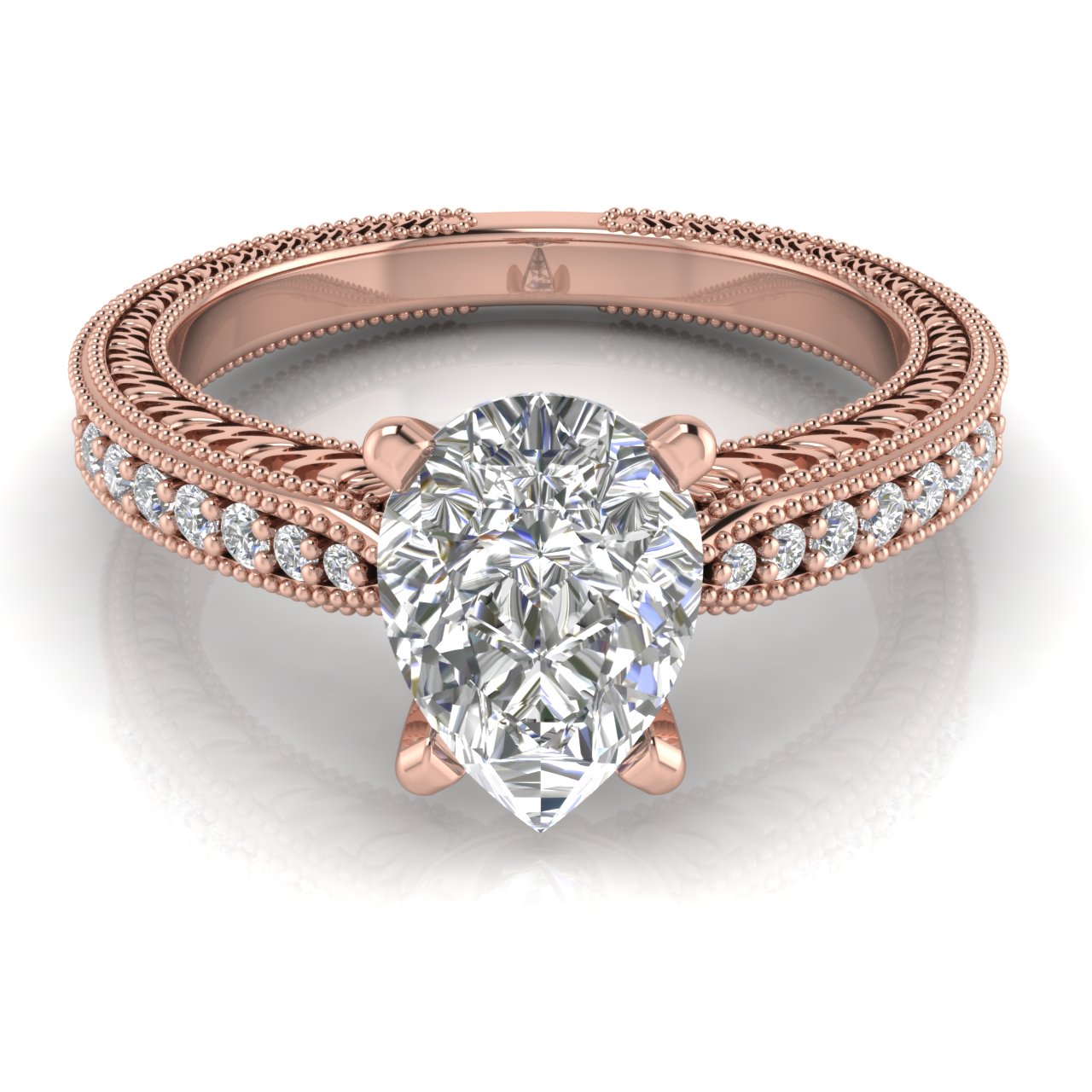 Tapered Vintage Inspired Pear Shaped Moissanite Engagement Ring